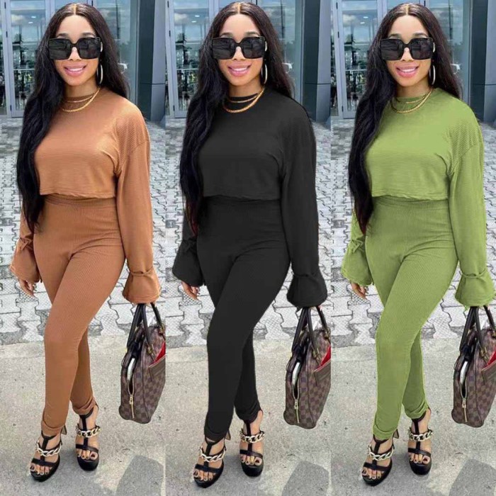 Solid Color Pit Strip Round Neck Long Sleeve two-piece Suit