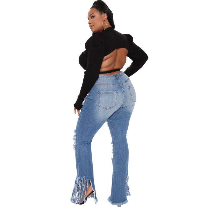 Plus Size Fringed Ripped Stretch Slim Flared Jeans