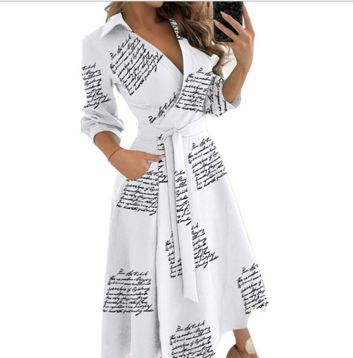 V-neck Printed Long Sleeved Midi Dress