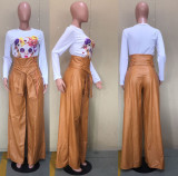 Women High Waist Wide Leg PU Pants With Belt