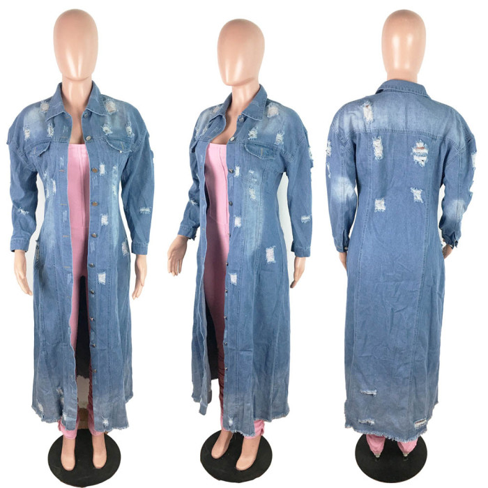 Fashion Women's Ripped Long Sleeved Denim Windbreaker Jacket