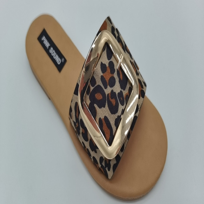 Women Sandal Slippers Leopard Print Button Flat Slippers