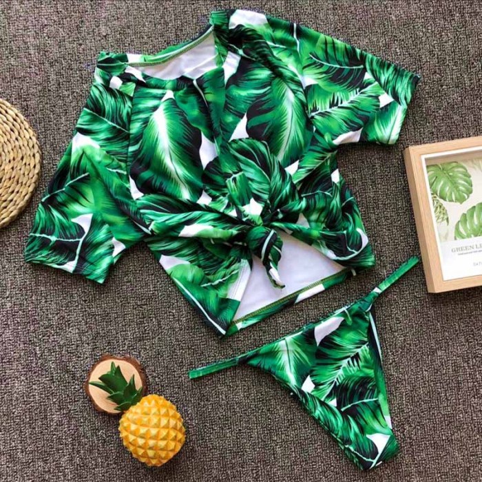 Printed Short Sleeve Crop Two Piece Swimwear