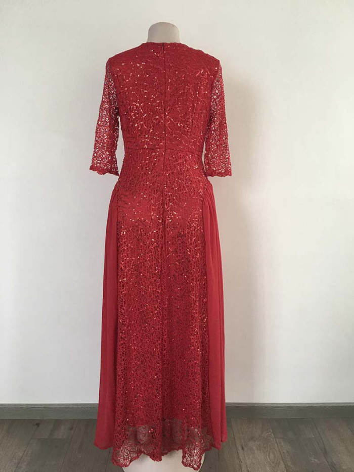 Lace Sequined Round Neck Sleeve Evening Party Dresses