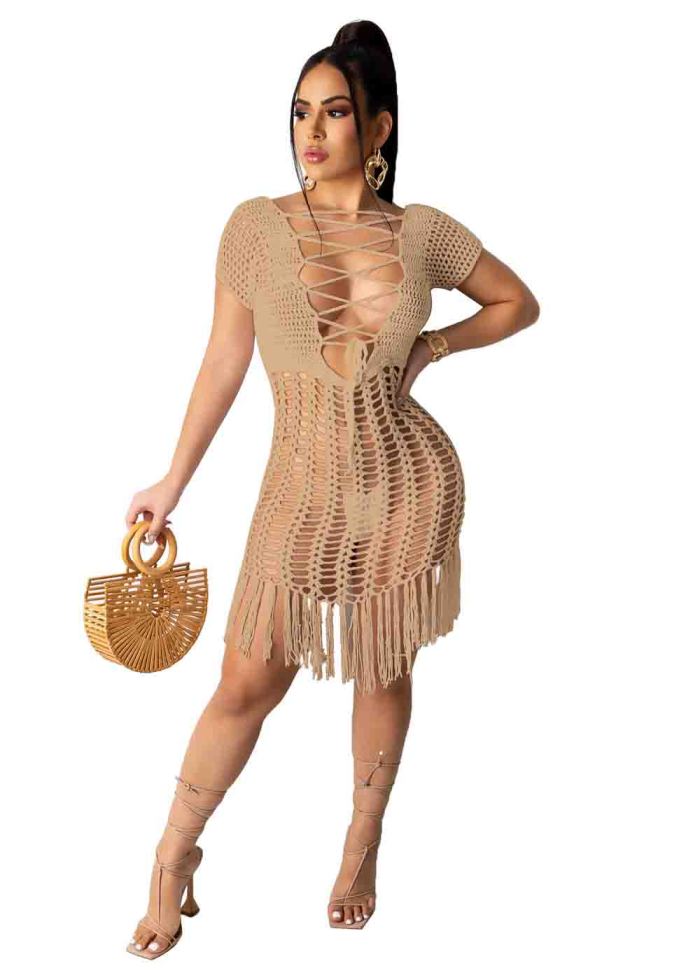 crochet hollow out cover up beach dress