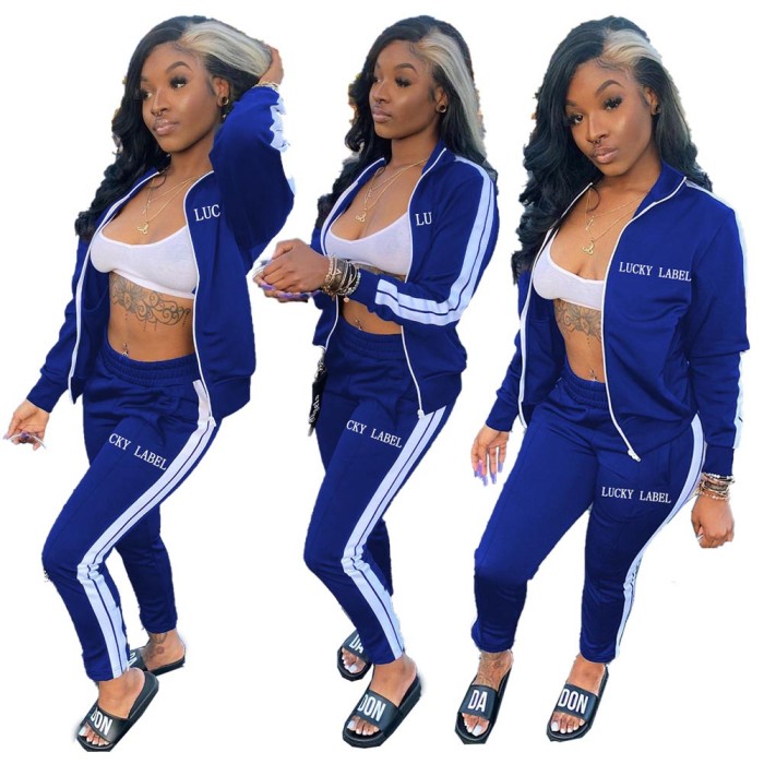 Letter Embroidery Zipper Sports Two Piece Suit