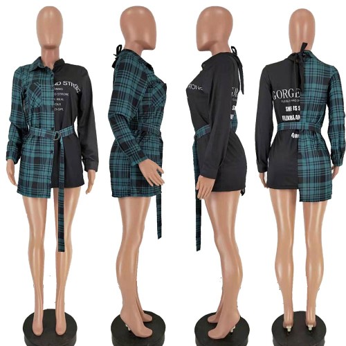 Plaid stitching irregular tie shirt skirt