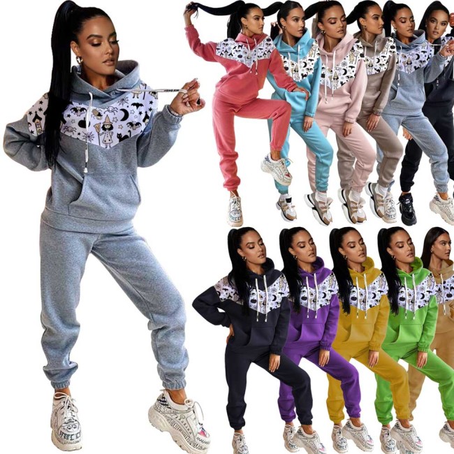 print hoodies and sweat pant two piece tracksuit