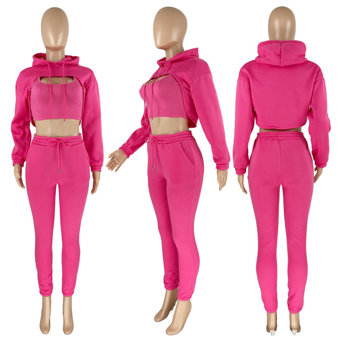 Three-piece Suit With Fleece Drawstring Hoodie Vest and Jogging Pants