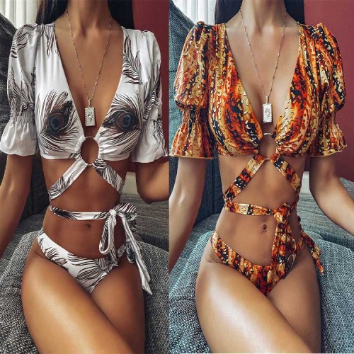 Short Sleeve Leopard Print Bikini