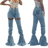Trousers Straps Stitching Washed Denim Bell-bottoms