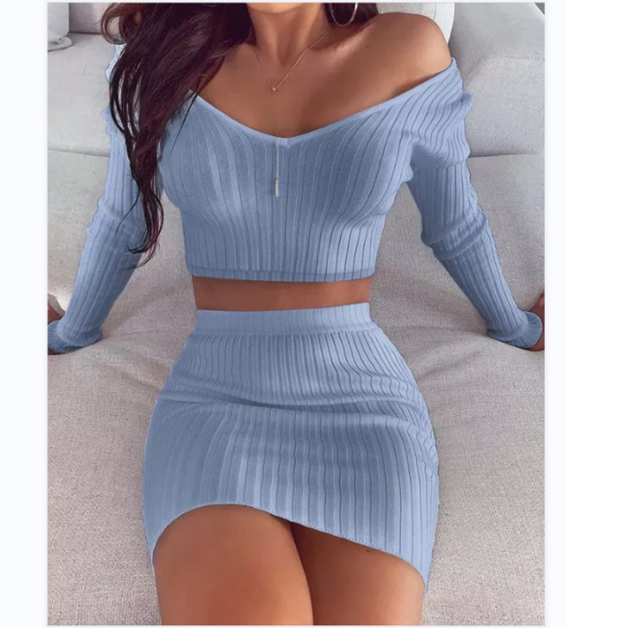 V-neck Pit Strip Long Sleeved Knitted Top and Skirt Two-piece Suit