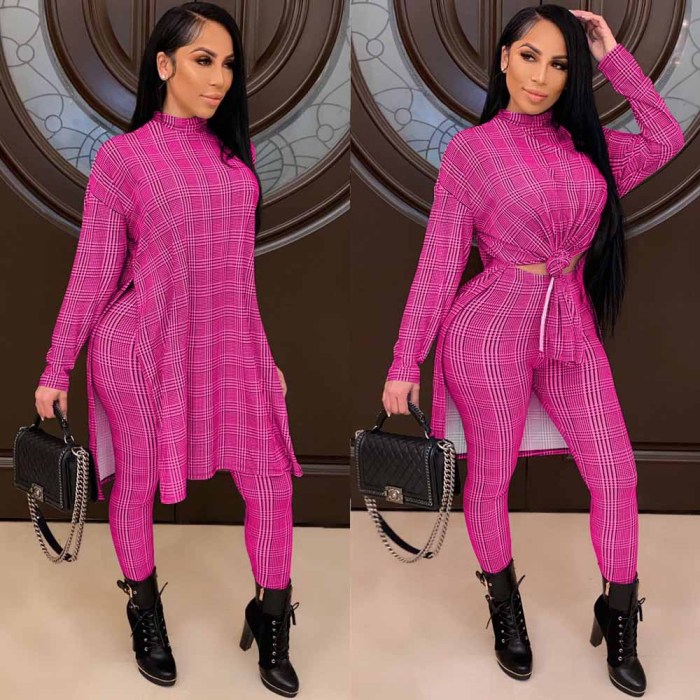 Fashion Women Houndstooth Print High Neck Suit