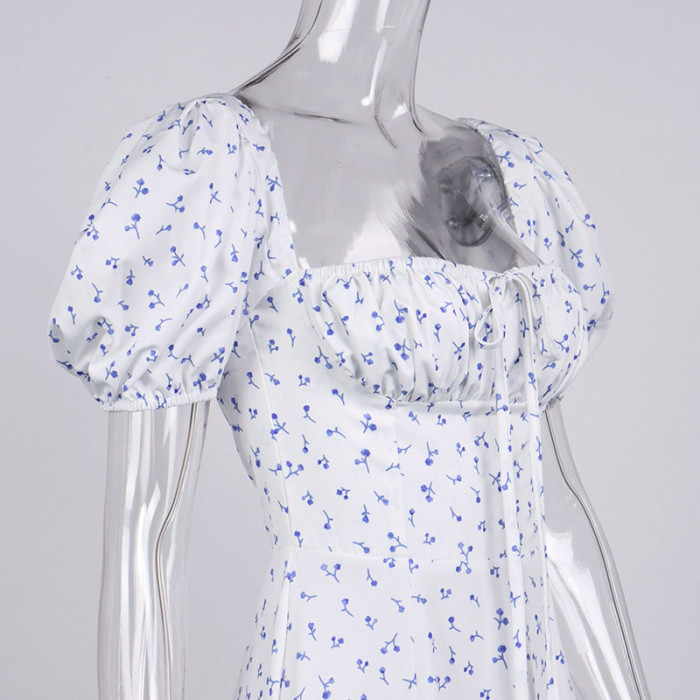 Fashion Puff Sleeve Floral Print Lace High Split Midi Dresses