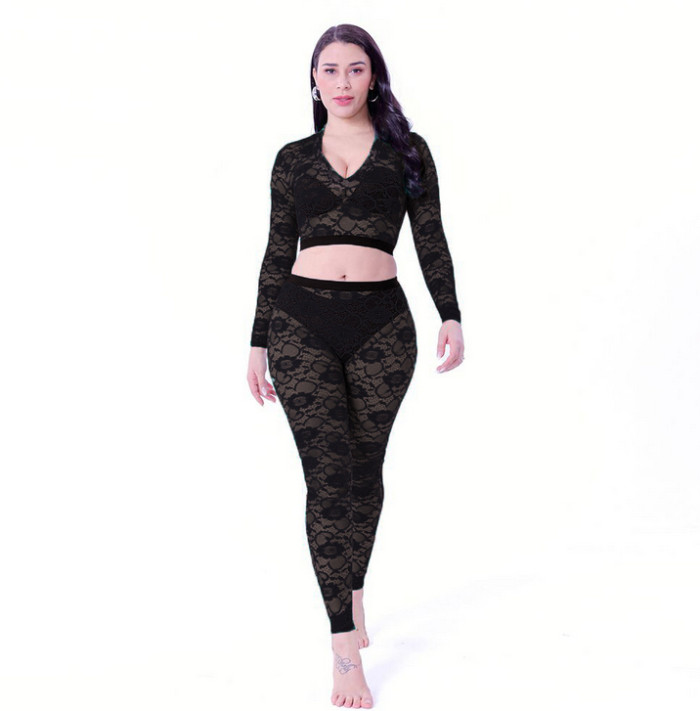 Solid Color Lace V-Neck Long Sleeved Trousers Suit