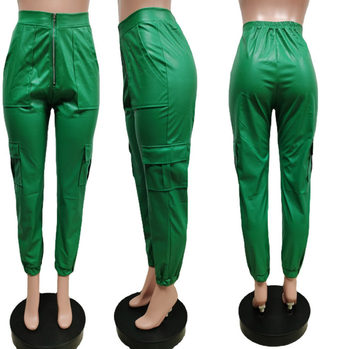 Fashion Multiple Pocket Casual Leather Pants