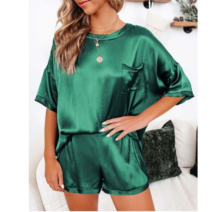 Two Piece Suit Solid Color Satin Short Sleeved Tracksuit