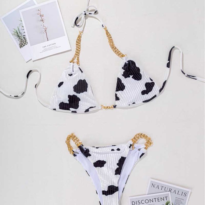cow print 2 piece velvet bikini swimsuit