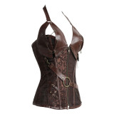 LE1042 14 Steel Boned Steampunk Leather Corset With Thong