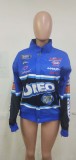 Fall Casual Print Blue Long Lseeve Loose Oversize Jacket