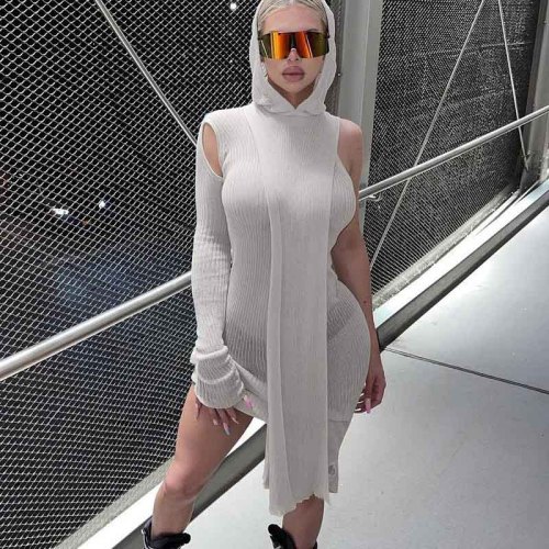 See-through Irregular One-Shoulder Long Sleeved Hooded Skirt