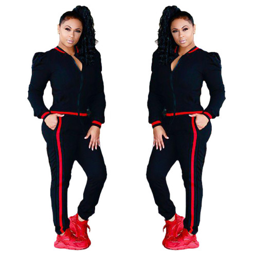 Leisure Round Neck Zipper Black Cotton Two-piece Pants Sportswear Set LE6834-1