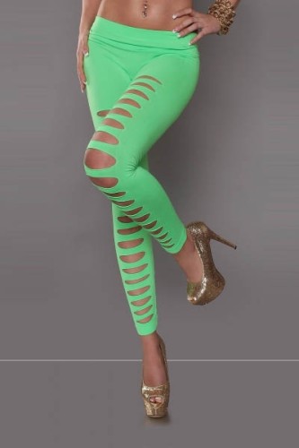 LE5390-3 Women Fashion Solid Color Green Cut Out Punk Leggings