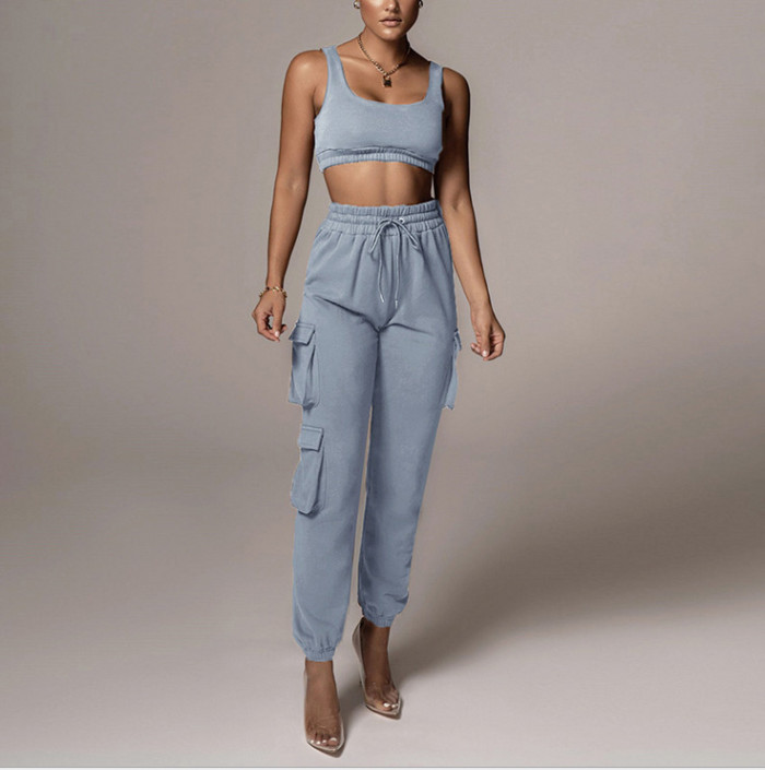 Solid Color Trousers Track Pants Suit With Pockets