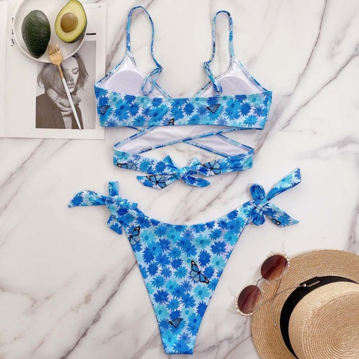 Two-Piece Floral Blue Wrapped Strings Swimwear