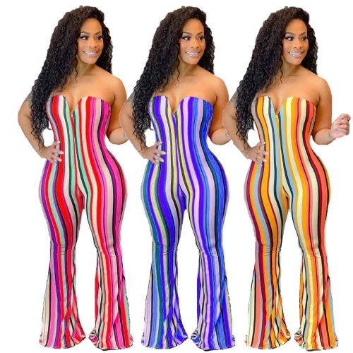 off shoulder sexy striped bell bottom jumpsuit