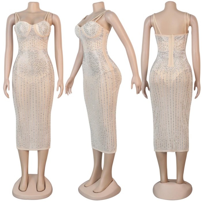 Mesh Dress With Hot Rhinestones and Waist Straps