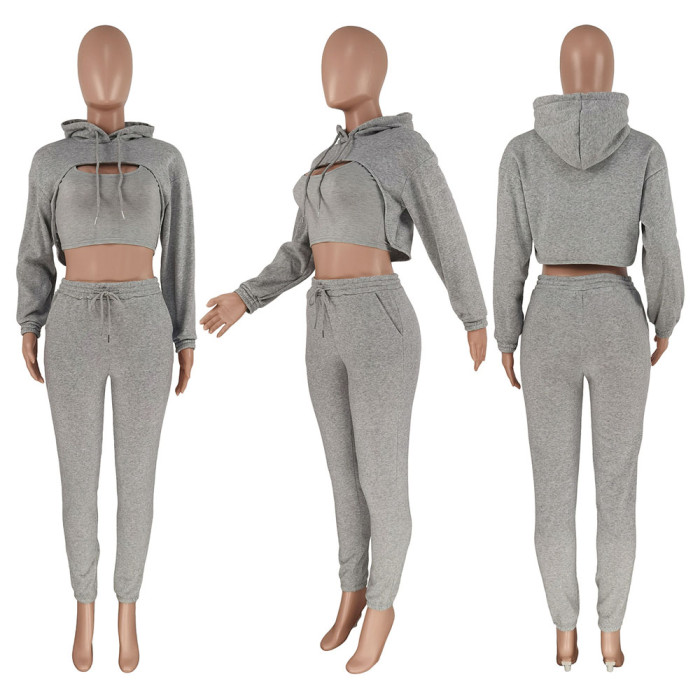 Three-piece Suit With Fleece Drawstring Hoodie Vest and Jogging Pants