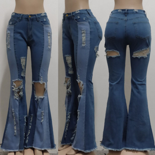 Stitching Washed Stretch Slim Flared Jeans