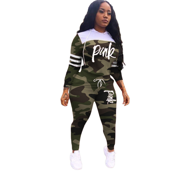 Camouflage Printed Letters Stitching Sports Hooded Two piece Suit