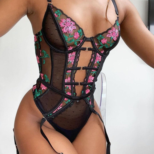 Flower Embroidered Breasted Buckle Decoration Stitching Bodysuit