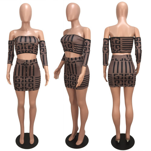 Sexy Dew Shoulder Geometric patterns Printed Two-piece Skirt Set Mini Dress