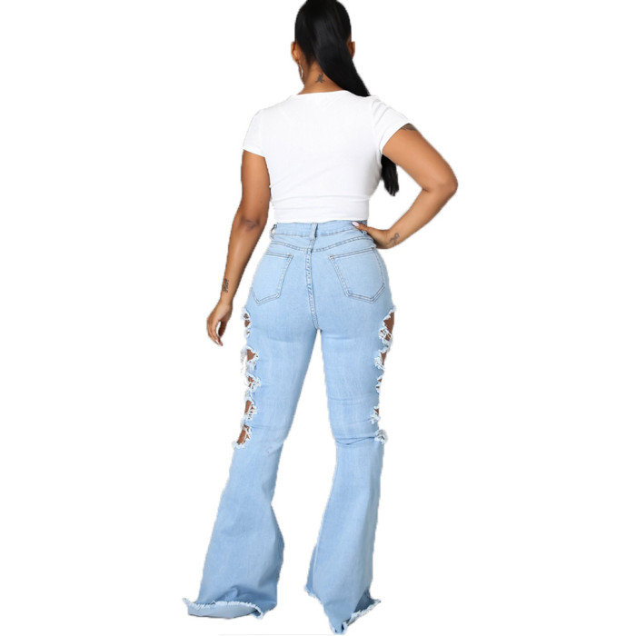 Women Retro Solid Jeans Ripped Flare Jeans