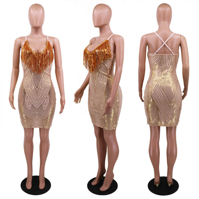 Sequin Sling Fringed V-neck Dress