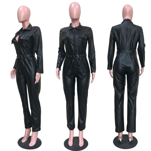 PU Leather Pocket Lapel Jumpsuit