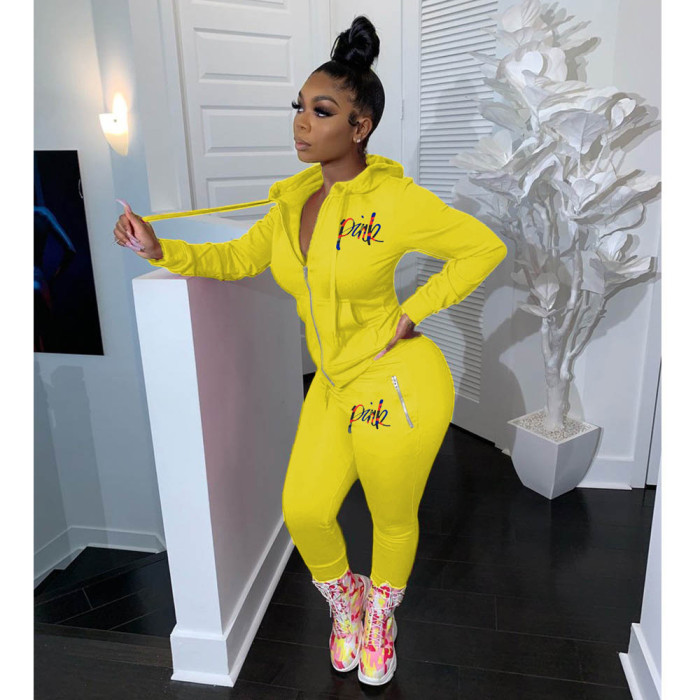 Two-piece Embroidered Letter Solid Color Zipper Sports Sweatshirt Suit