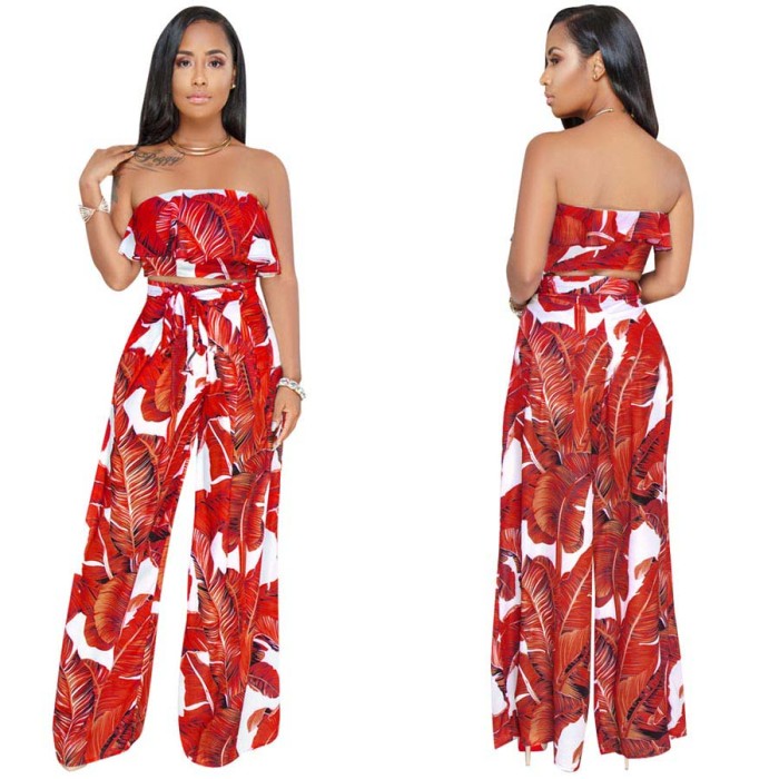 Floral Wrapped chest Wide Leg Two Piece Pants Sets