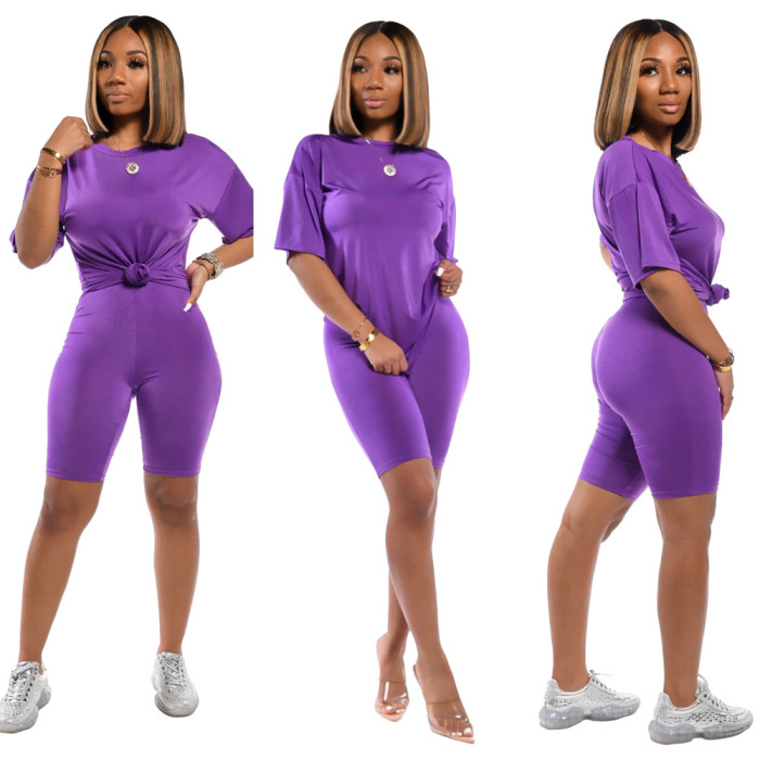 Solid Color Slim Short Sleeve Sports Two-piece Suit