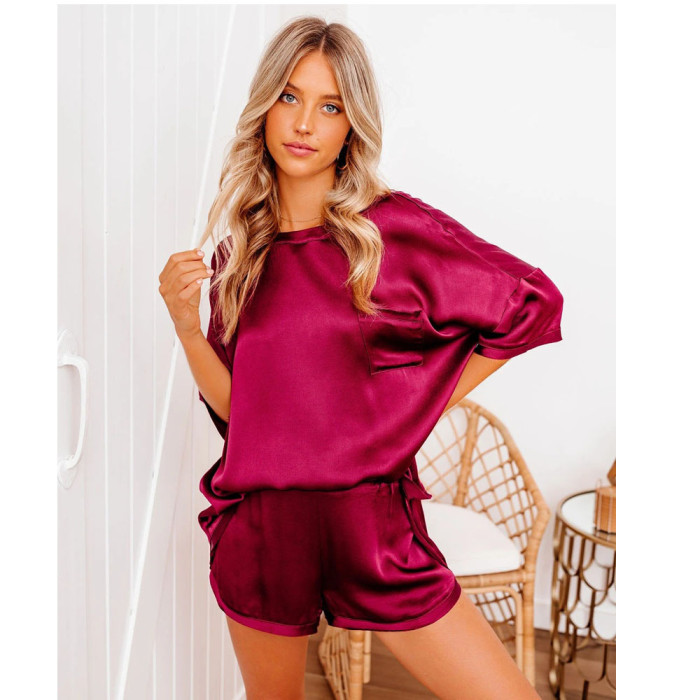 Two Piece Suit Solid Color Satin Short Sleeved Tracksuit