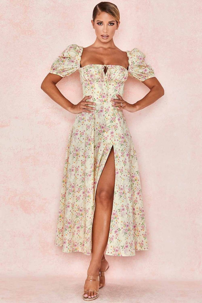 Fashion Puff Sleeve Floral Lace High Split Midi Dresses