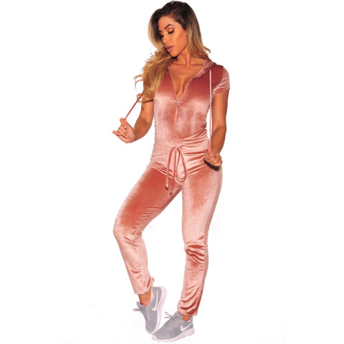 PinK Velvet Zipper Sports Jumpsuits LE67961-2