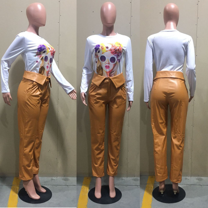 Women High Waist Orange PU Pants