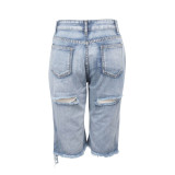 Light Blue Denim Ripped Hole Distressed Shorts