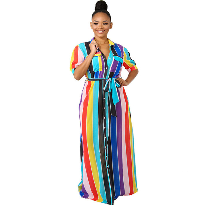 Multicolor Striped Pocket Style Maxi  Shirt Dress with Bottons