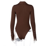 Sexy Button Lapel Long-sleeved Bodysuit
