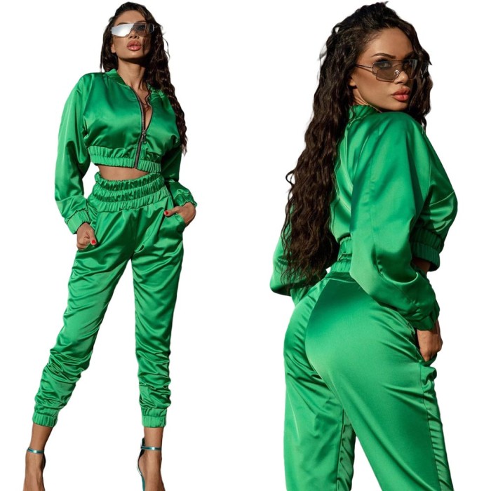Solid Color Zipper Casual Sports Two Piece Suit